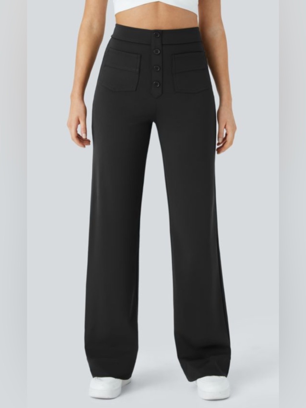 HALARA Black Wide-Leg High-Rise Button Front Pants